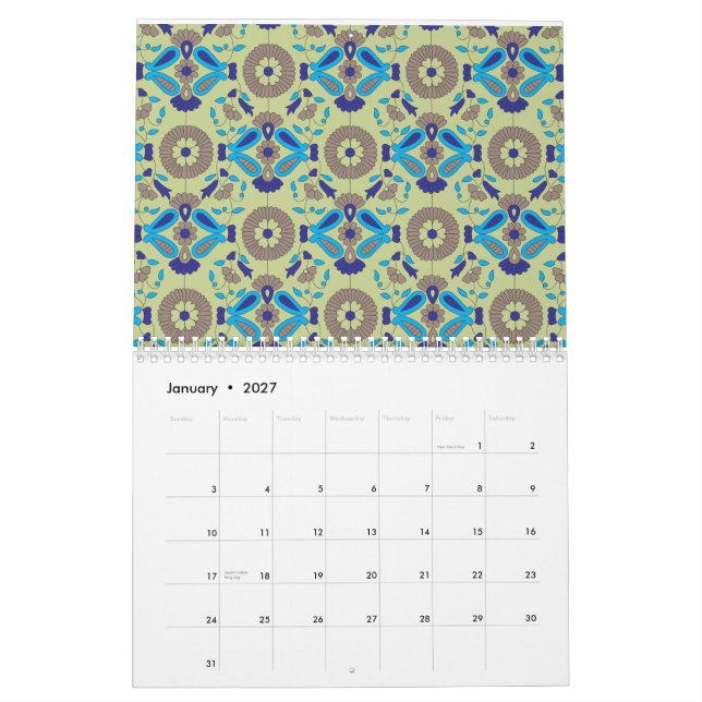 Calendrier Un design textile symétrique, bleu ou (Jan 2027)