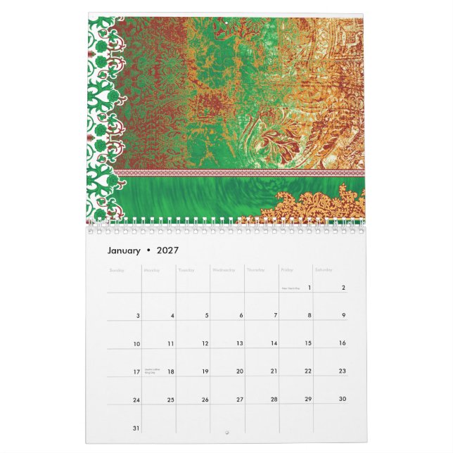 Calendrier Un foulard indien joliment conçu en vert et o (Jan 2027)