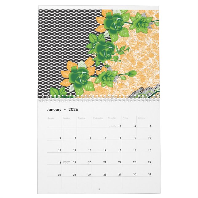 Calendrier Un motif de vert et d'orange magnifiquement ouvrag (Jan 2026)