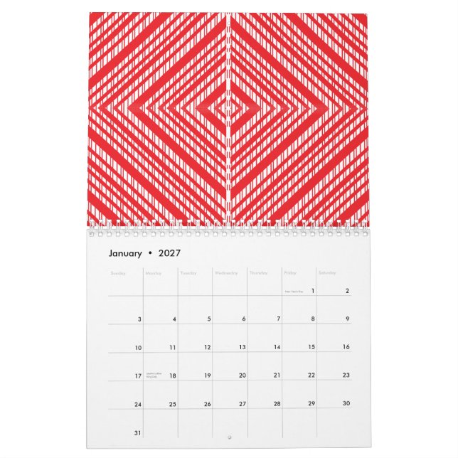 Calendrier Un motif symétrique rouge, orange et p (Jan 2027)