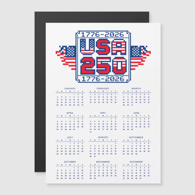 Calendrier USA 250 – 1776 à 2026 Pixel Art (Devant / Derrière)