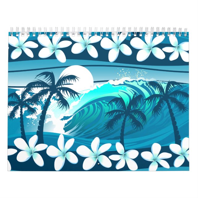 Calendrier vague de surf tropicale avec palmiers (Protection)