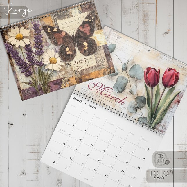 Calendrier Vintage Floral Papillon (Vintage Floral Butterfly Calendar_Large)