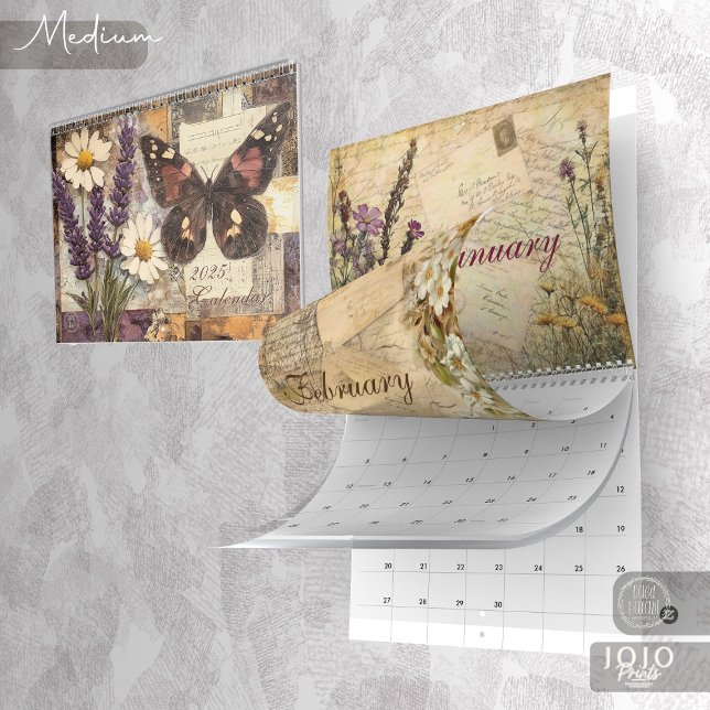 Calendrier Vintage Floral Papillon (Vintage Floral Butterfly Calendar_Medium)