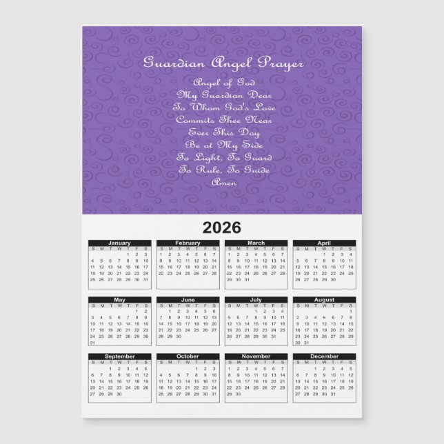 Calendrier violet 2026 de prière d'ange gardien (Devant)