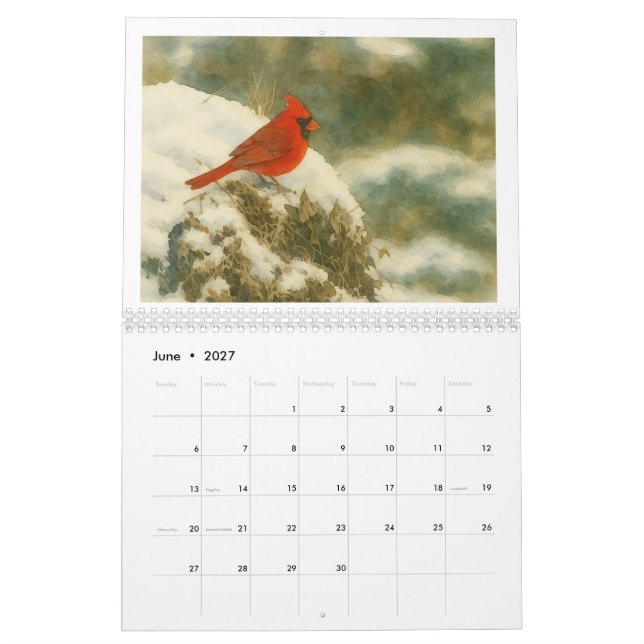 Calendrier Watercolor Cardinals 2026 (Jun 2027)
