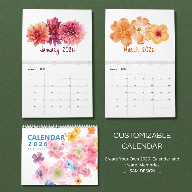 Calendrier Watercolor Flowers 2026 Calendar | Elegant Floral  (Créateur téléchargé)