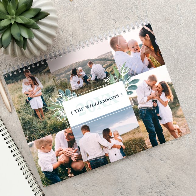 Calendrier Watercolor Foliage Famille Photo Collage & Monogra (Watercolor Foliage Family Photo Collage & Monogram Calenda)