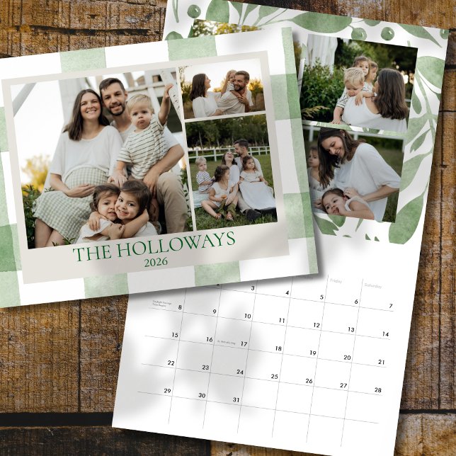 Calendrier Watercolor Green Gingham Family Photo Calendar (Add a personal touch to your family calendar with this Green Gingham Family Photo Calendar!)