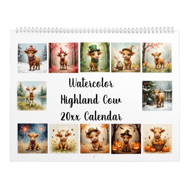 Calendrier Watercolor Highland Cow 20xx (Protection)