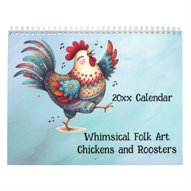 Calendrier Whimsical Folk Art Poulets et coqs (Protection)