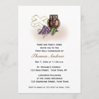 Calice, croix, invitation de communion de raisins