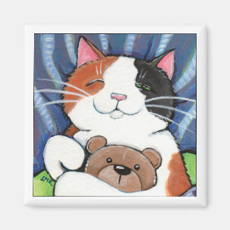 Calico Cat et ours en peluche | Magnet d'art