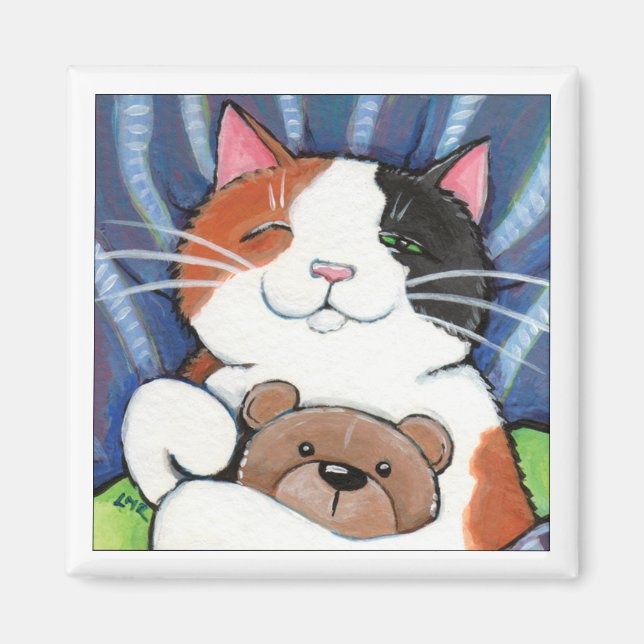 Calico Cat et ours en peluche | Magnet d'art (Devant)