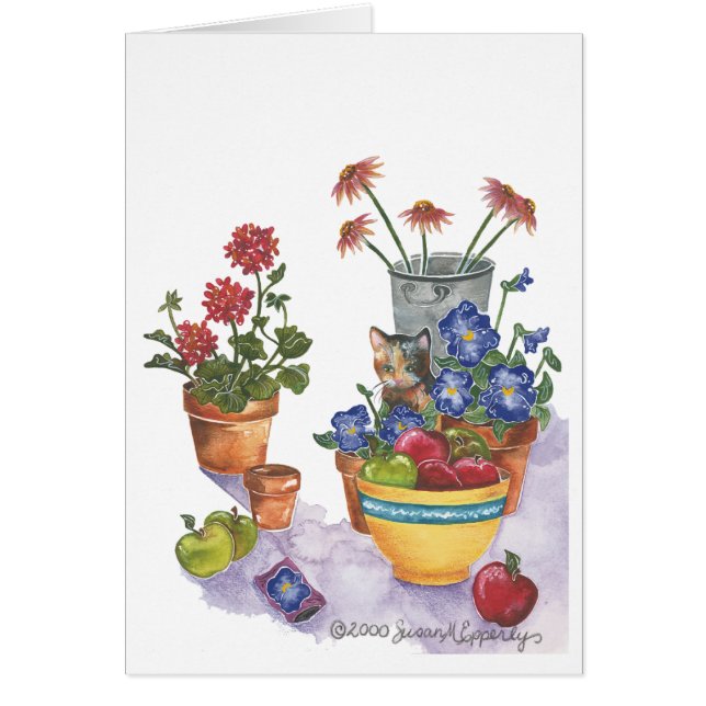 Calico Cat Pansies Apples Aquarelle "Paloma" (Devant)
