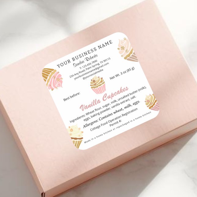 California Cottage Food Law Ingrédients Stickers (Blush Pink Cupcake Bakery Cottage Food Law square Stickers)