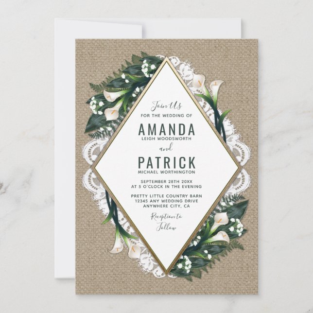 Calla Lily Burlap et invitation de mariage de dent (Devant)