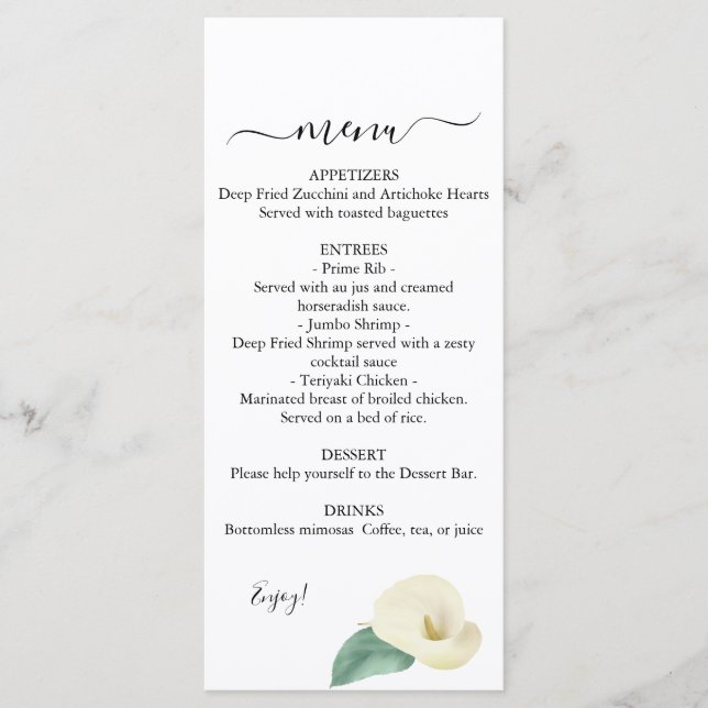 Calla Lily Green Menu Mariage (Devant)