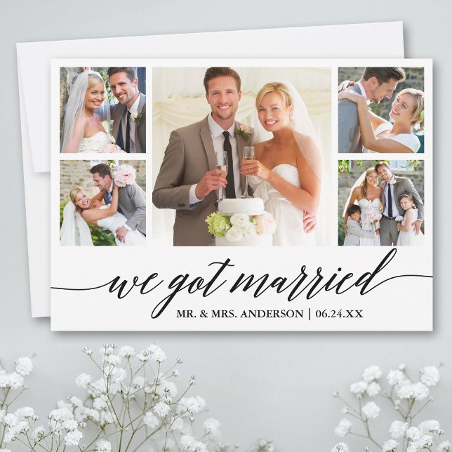 Calligraphie 5 Photo Mariage Faire-part Card (Customize to add text or more photos to back of card.)