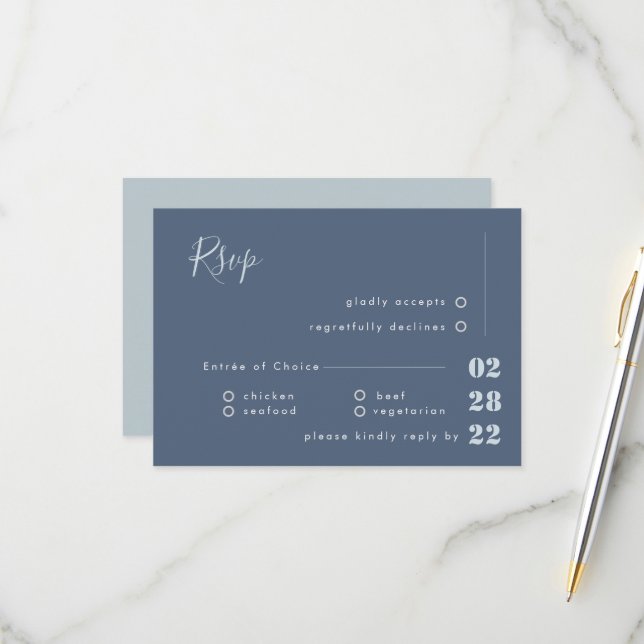 Calligraphie bleu et gris bleu foncé Mariage RSVP (Devant/Arrière en situation)