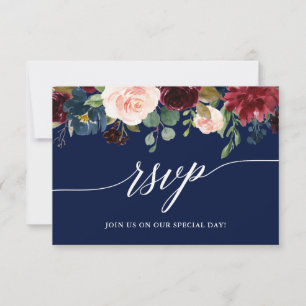 Calligraphie Bourgogne Floral Bleu Mariage RSVP Re