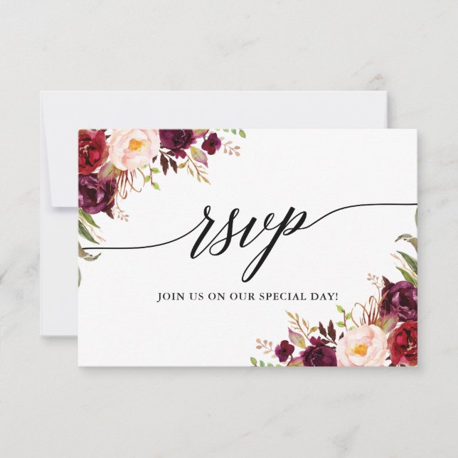 Calligraphie Bourgogne Floral Mariage RSVP Carte r (Devant)