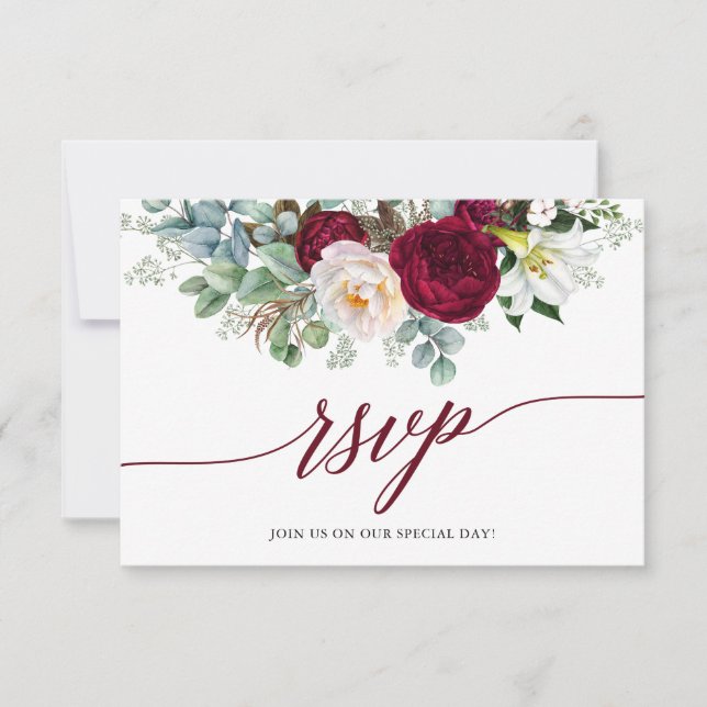 Calligraphie Bourgogne Floral RSVP Mariage Card (Devant)