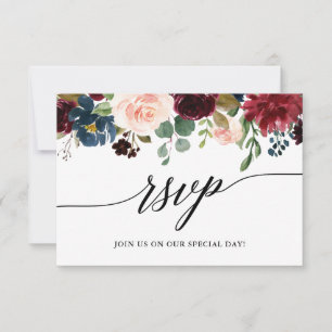Calligraphie Burgundy Bleu Floral Mariage RSVP Rep