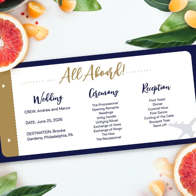 Calligraphie Carte d'embarquement bleue Programme  (Boarding Pass Wedding Ceremony Program)