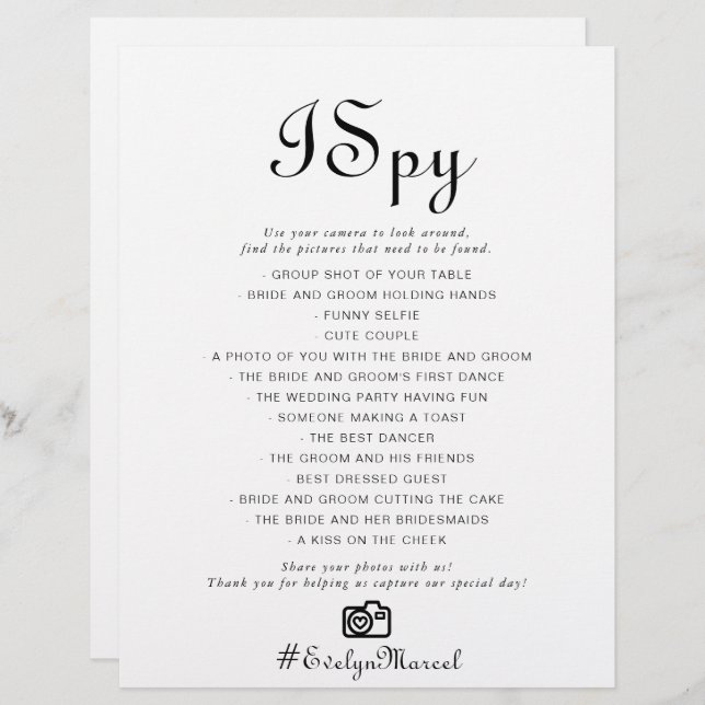Calligraphie Classic Minimaliste I Spy Mariage Jeu (Devant / Derrière)