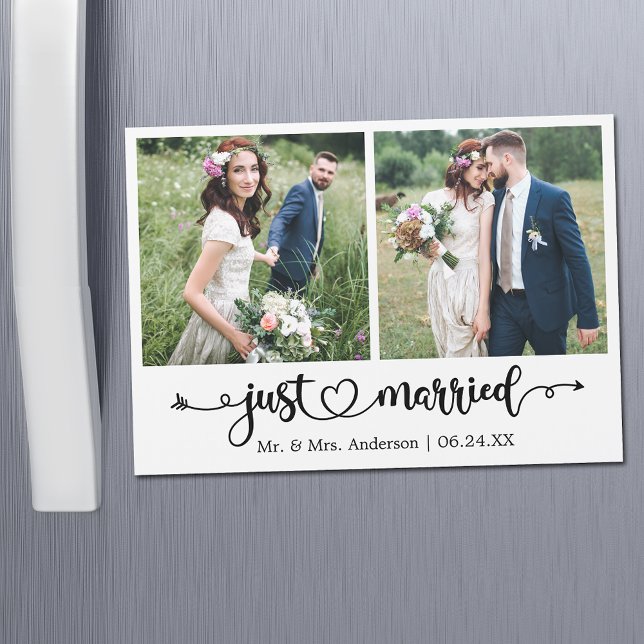Calligraphie Coeur juste marié 2 Photo Magnet Card (Customize to change your personalized text size or text style.)