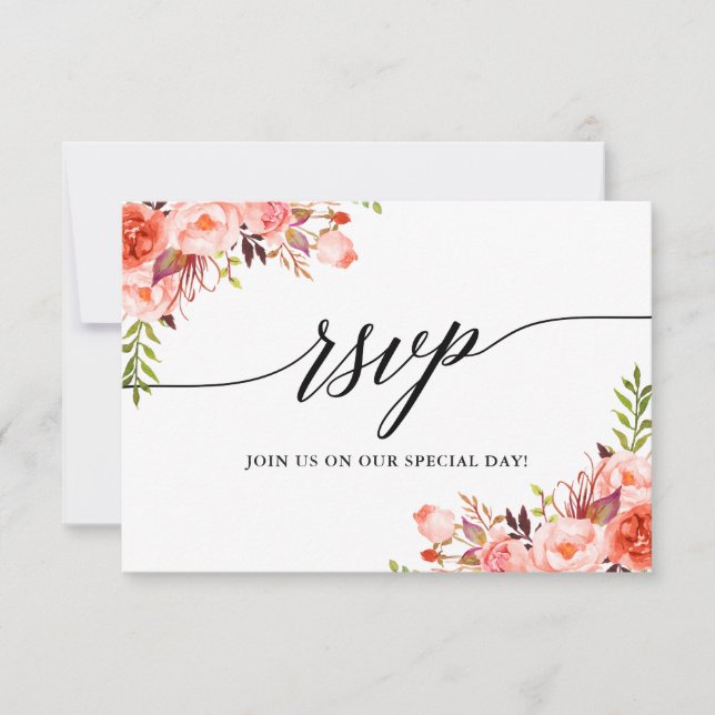 Calligraphie Coral Floral Mariage RSVP Carte repas (Devant)