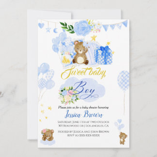 Calligraphie Cute bleu ours baby shower invitation