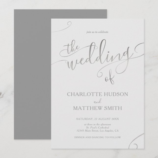 Calligraphie d'argent | Faire-part de mariage gris (Devant / Derrière)