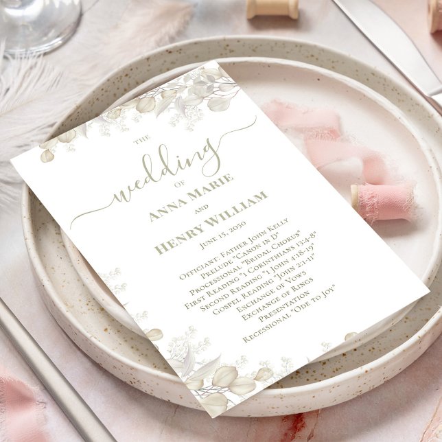 Calligraphie de mariage floral vert sauge programm (Welcome wedding program with elegant sage green greenery and calligraphy script. )