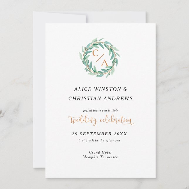 Calligraphie Eucalyptus moderne Invitation Monogra (Devant)