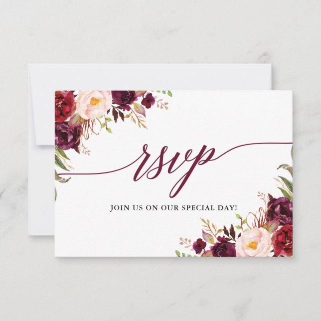 Calligraphie Floral Bourgogne Mariage RSVP Carte r (Devant)
