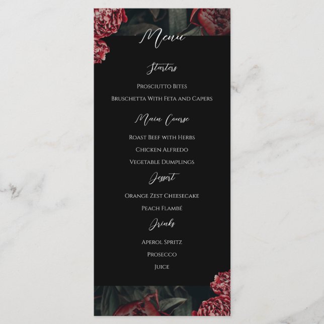 Calligraphie Floral Peony Gothique Menu Mariage (Devant)