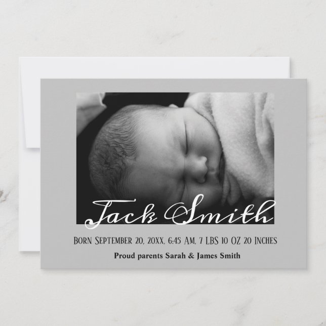 Calligraphie Grey Baby Boy Photo Faire-part de nai (Devant)