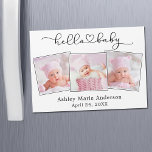 Calligraphie Heart 3 Photo Hello Baby Magnet Card<br><div class="desc">Moderne minimaliste Simple Calligraphie Script Coeur Bonjour Bébé Photo Faire-part Magnet Card - 3 Photos</div>