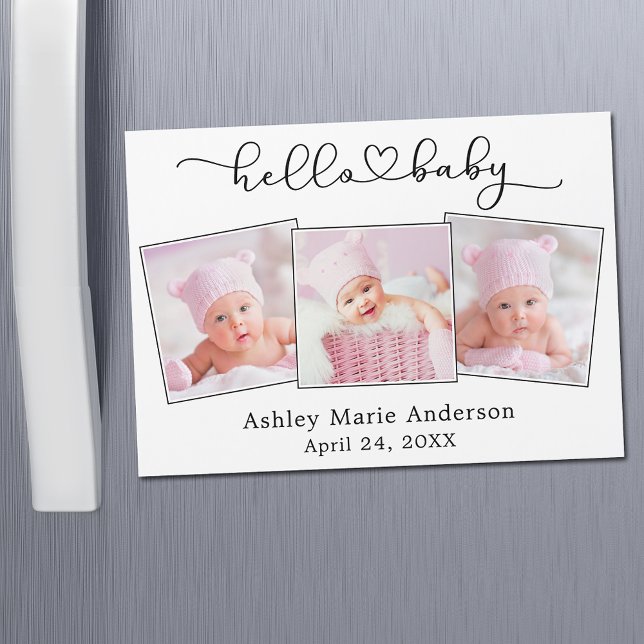 Calligraphie Heart 3 Photo Hello Baby Magnet Card (Customize to change your personalized text size or text style.)