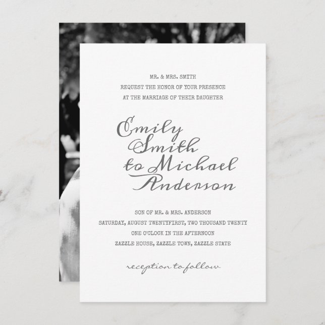 Calligraphie Letterpress PHOTO Mariage Invitations (Devant / Derrière)