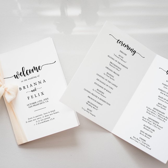 Calligraphie minimaliste Programme de mariage plié (Créateur téléchargé)