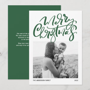 Calligraphie Moderne Carte de Noël Verte Photo Joy