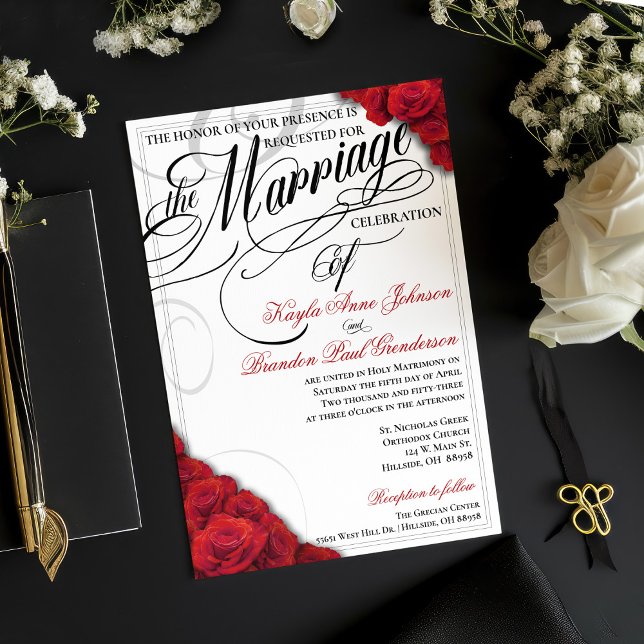 Calligraphie moderne Faire-part de mariage Roses r (Red roses wedding invitation with fully changeable background color)