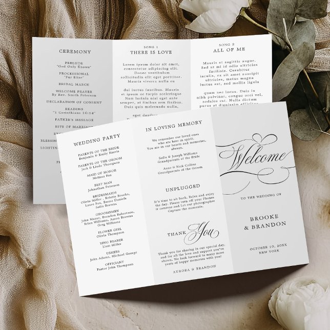 Calligraphie moderne programme de mariage noir int (Modern calligraphy timeless black and white tri-fold wedding Program)