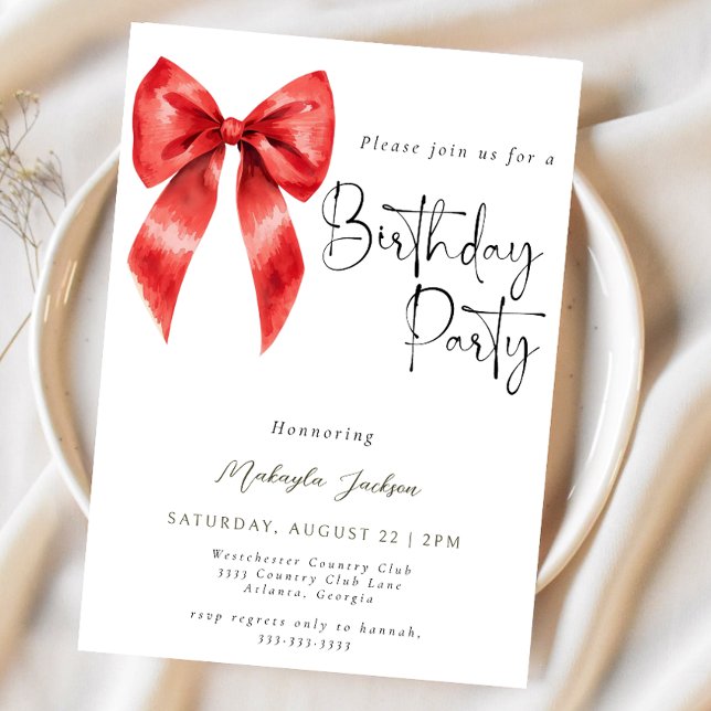 Calligraphie moderne Red Bow Invitation d'annivers (Créateur téléchargé)