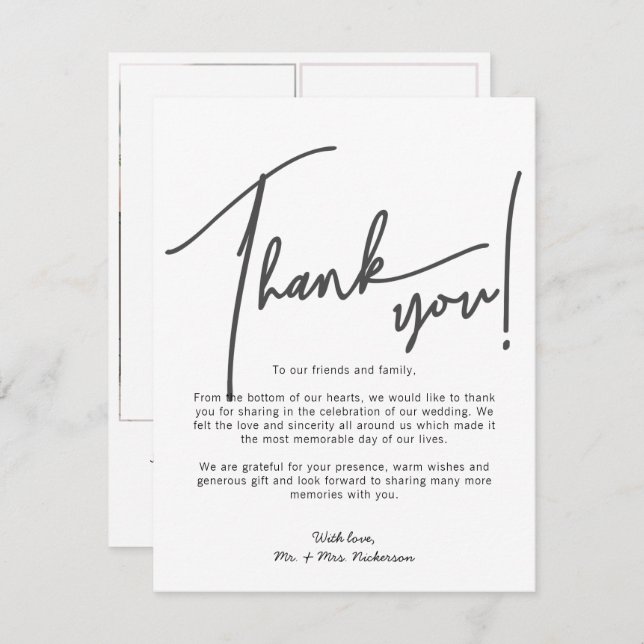 Calligraphie Photos Mariage Carte de remerciements (Devant / Derrière)