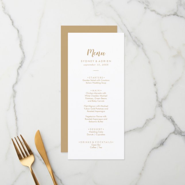 Calligraphie simple|Gold Back Mariage Dinner Menu (Devant/Arrière en situation)