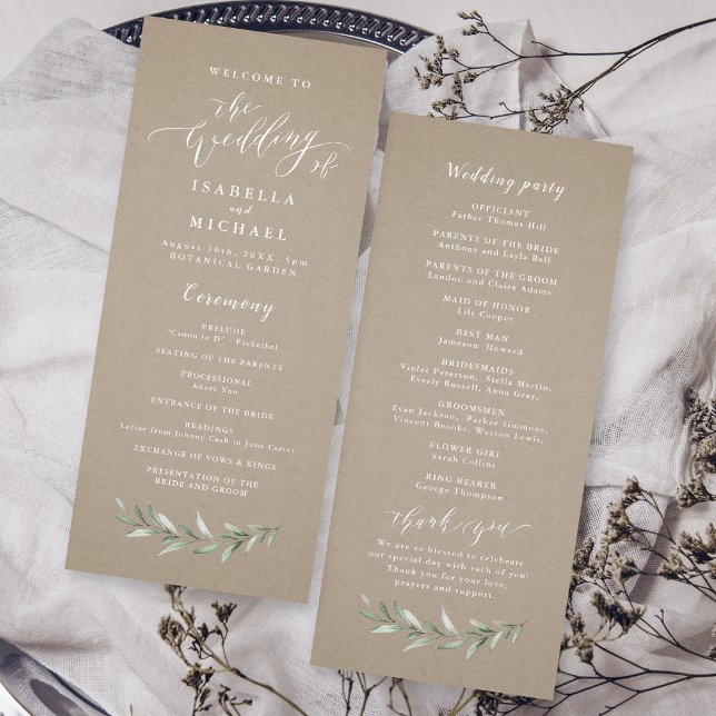 Calligraphie simple programme de mariage de verdur (Simple calligraphy rustic greenery wedding program)